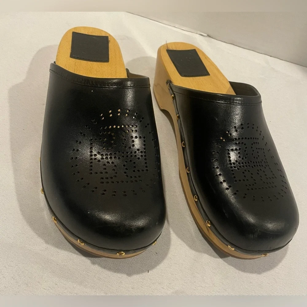 Tory Burch Black Leather & Wood Clogs with Gold Studs